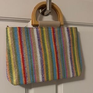 Multicolor Striped Women's Bag with Wooden Handle